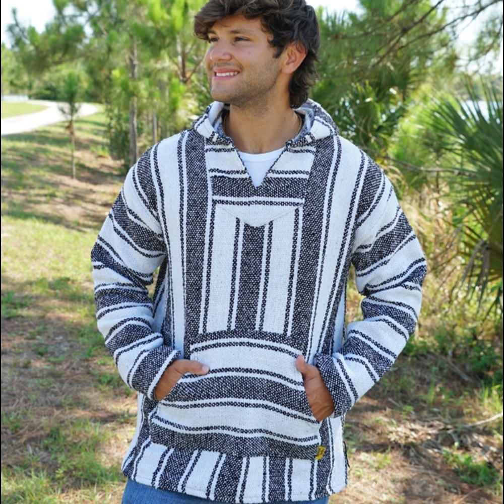 Iguana Jack Striped Black and White Baja Hoodie, Large